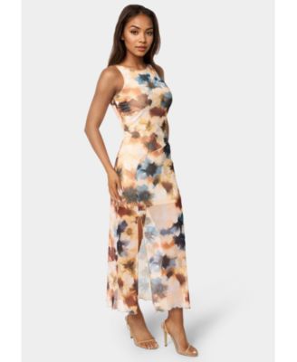 Women's Printed Powermesh Side Shirred Maxi Dress