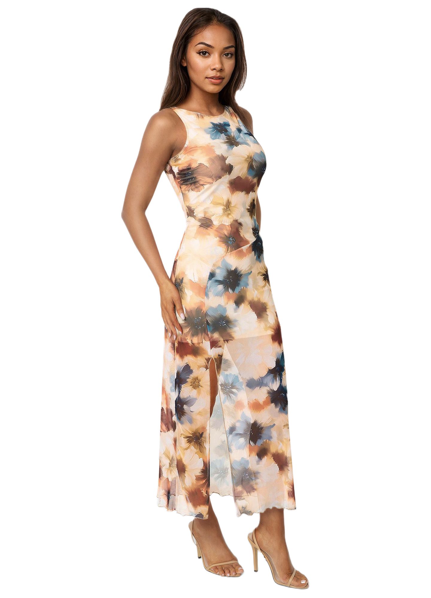 Женское платье Bebe Printed Powermesh Side Shirred Maxi, цвет: Синий рыжевато-коричневый — фото 2