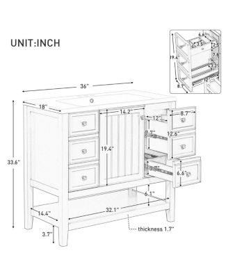 36" Bathroom Vanity with Ceramic Sink, Solid Wood Cabinet, 3 Drawers & Adjustable Shelf for Modern Bathrooms