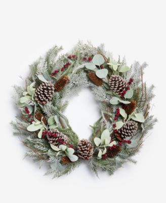 Heritage Flocking Wreath with Pine Cones and Berries