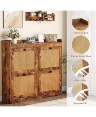 Shoe Cabinet with 4 Deep Flip Drawers Base Freestanding Wooden Shoe Storage Cabinet with Rattan Door and 3-Tier Adjustable Shelves