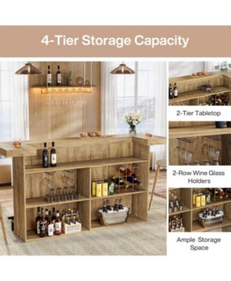4-Tier Bar Table, 70.9-Inch Large Wooden Home Bar Unit with Wine Glass Holder and Black Footrest
