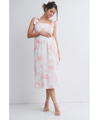 Maternity Floral Smocked Empire Waist Midi Dress with Tie Straps