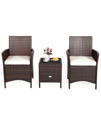 3PCS Outdoor Rattan Conversation Set Patio Furniture Set w/ White Cushions