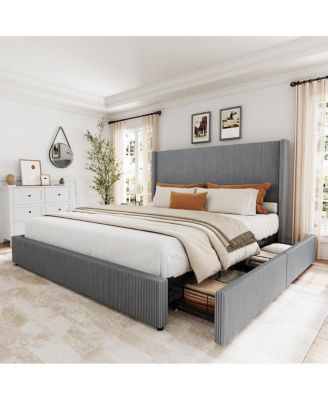King Upholstered Platform Bed Storage Drawers Wingback Headboard Corduroy Fabric No Box Spring