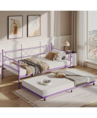 Twin Metal Daybed Frame with Trundle Heavy Duty Metal Slats Platform Sofa Bed Lockable Casters Bedroom Guest