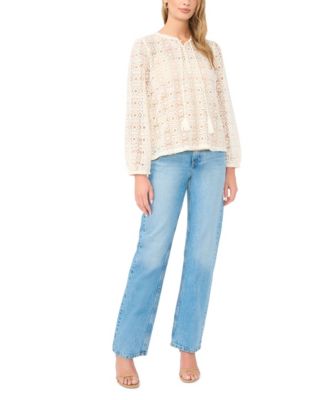 Women's Circle Lace Tassel Trim Long-Sleeve Top
