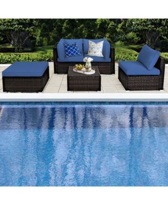 5PCS Rattan Patio Conversation Set Outdoor Furniture Set w/ Ottoman Navy Cushion