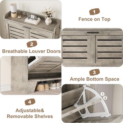 "Shoe cabinet with 2 flip drawers, freestanding slim organizer with hooks, narrow hidden shoe storage for entryway."