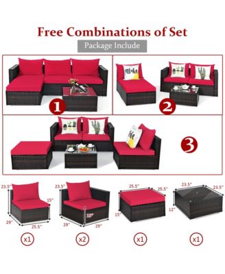 5PCS Cushioned Rattan Patio Conversation Set with Ottoman Red Cushion