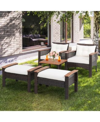 5 Piece Outdoor Wicker Conversation Set Patio Rattan Sofa Set w/ Cushion Coffee Table