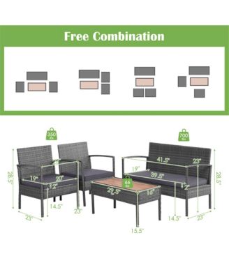 8PCS Rattan Patio Conversation Furniture Set w/ Acacia Wood Tabletop and Cushions