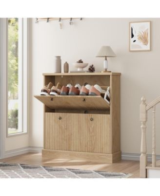 Fluted Shoe Cabinet with 2 Flip Drawers Narrow Cabinet with Adjustable Shelves and Elegant Handles Wooden Shoe Organizer