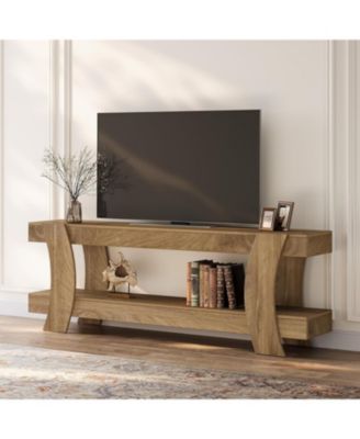 63" TV Stand with 2 Open Shelf, Farmhouse Wooden Media Console for 55/60/65/70-Inch TVs, Modern TV Console Entertainment Center
