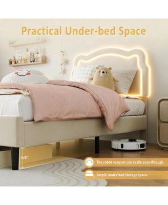 Twin Upholstered Bed Frame with Smart LED and Adjustable Bear Headboard, Velvet Princess Platform Bed, Wooden Slats Support Kids Bed