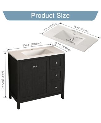 35.4" Munich Black Bathroom Vanity with Basin, Plywood Cabinet with Soft Closing Doors & 3 Drawers Storage for Small Bathrooms