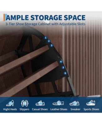 Space-Saving Fluted Shoe Cabinet for Entryway – Narrow Freestanding Wooden Shoe Organizer with Sliding Door 2 Turn Drawers