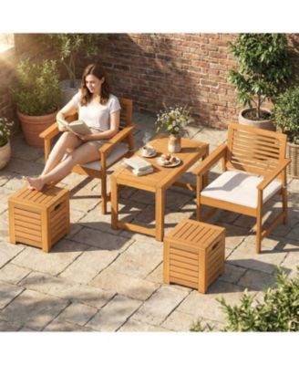 Set of 3 Outdoor Acacia Wood Coffee Table and Stool Set
