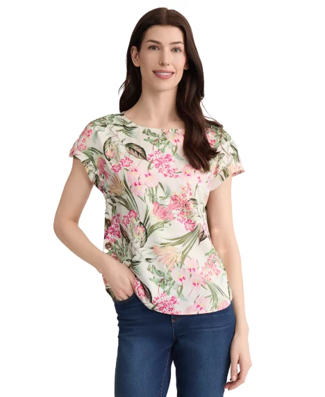 Petite Button-Detail Boat Neck Blouse - White Sand Mutli