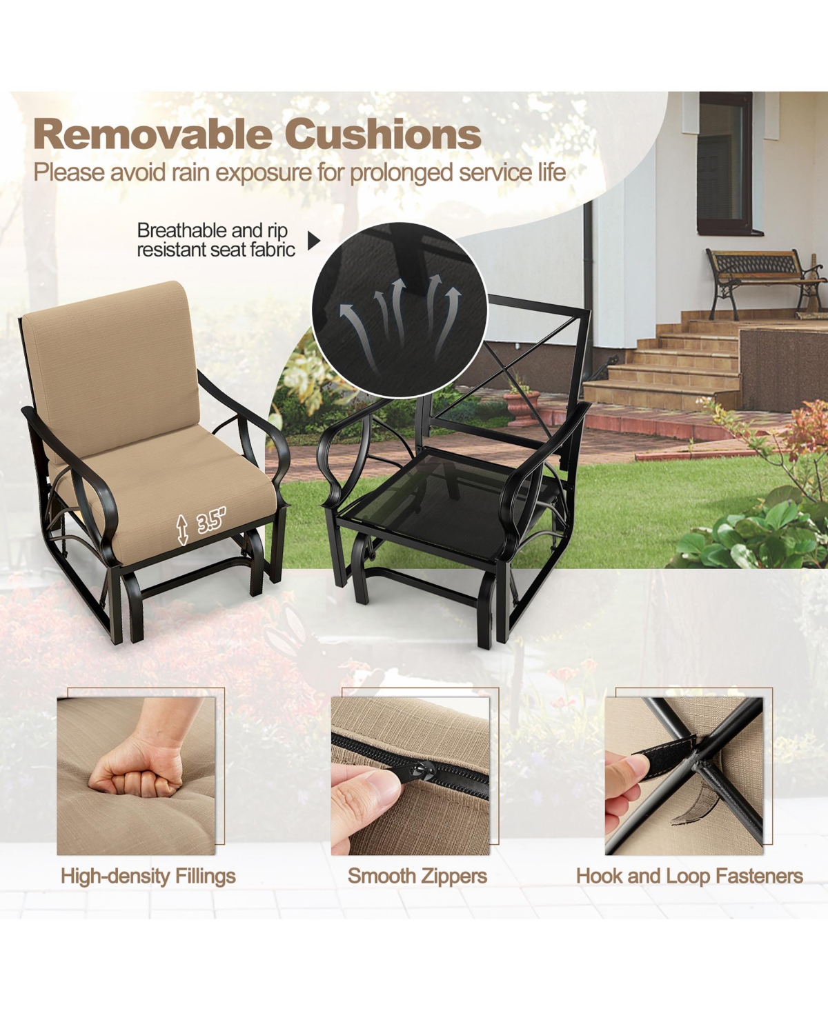 Gymax Patio Glider Chair Outdoor Metal Glider with Seat and Back Cushions Backyard Poolside