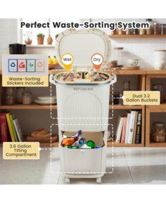 10 Gallon Kitchen Trash Can with Lid, 2 Removable Buckets, Step Pedal & Wheels