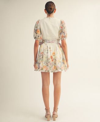 Women's Floral Garden Border Print Belted Mini Dress