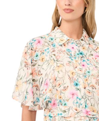 Women's Flutter-Sleeve Princess Seam Button-Up Shirt-Dress