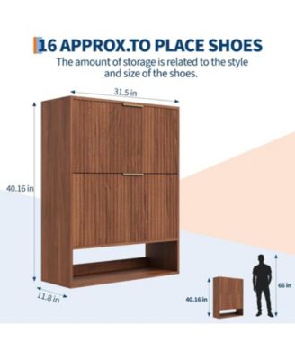 31.5'' Shoe Cabinet for Entryway with 2 Flip Drawers Fluted Slim Shoe Storage Cabinet Narrow Free Standing Wooden Shoes Organizer