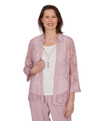 Petite Charm Floral Lace Two-In-One Collared Top with Necklace