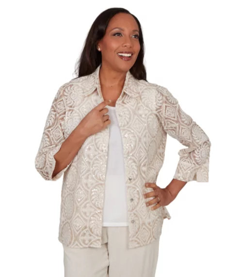 Petite Sequin Medallion Two-In-One Collared Top - Netural Multi