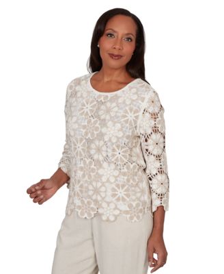 Petite Floral Crochet 3/4-Length-Sleeve Top