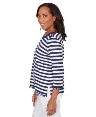 Petite Port Side Pique Stripe Button Detail Crew Neck Top