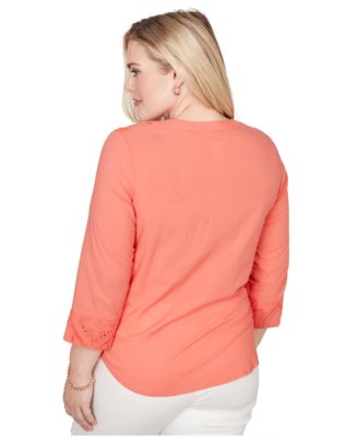 Petite Resort Living Textured Lace Scroll Split Neck Henley Top