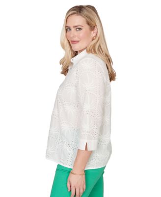Petite Resort Living Eyelet Palm Tree Button-Front Collared Top