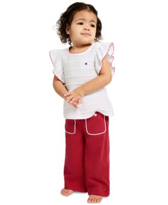 Baby Girls' Crochet Trim Striped Top and Patch Pocket Wide Leg Pants, 2-Piece Set