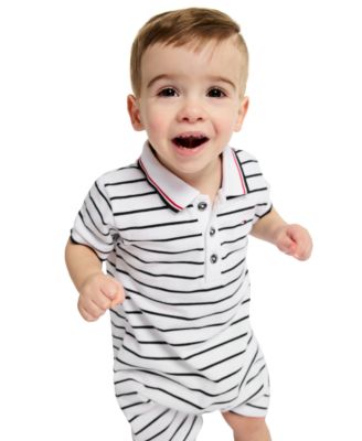 Baby Boys' Striped Pique Knit Collared Polo Shorts Romper