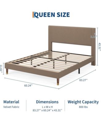 bed frame with upholstered corduroy headboard, strong wooden slats, platform design, no box spring
