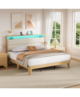 King Boucle Bed Frame, Bed Frame with RGB LED Light & Charging Station, 2-Tier Storage Headboard and Sturdy Wooden Slats Support