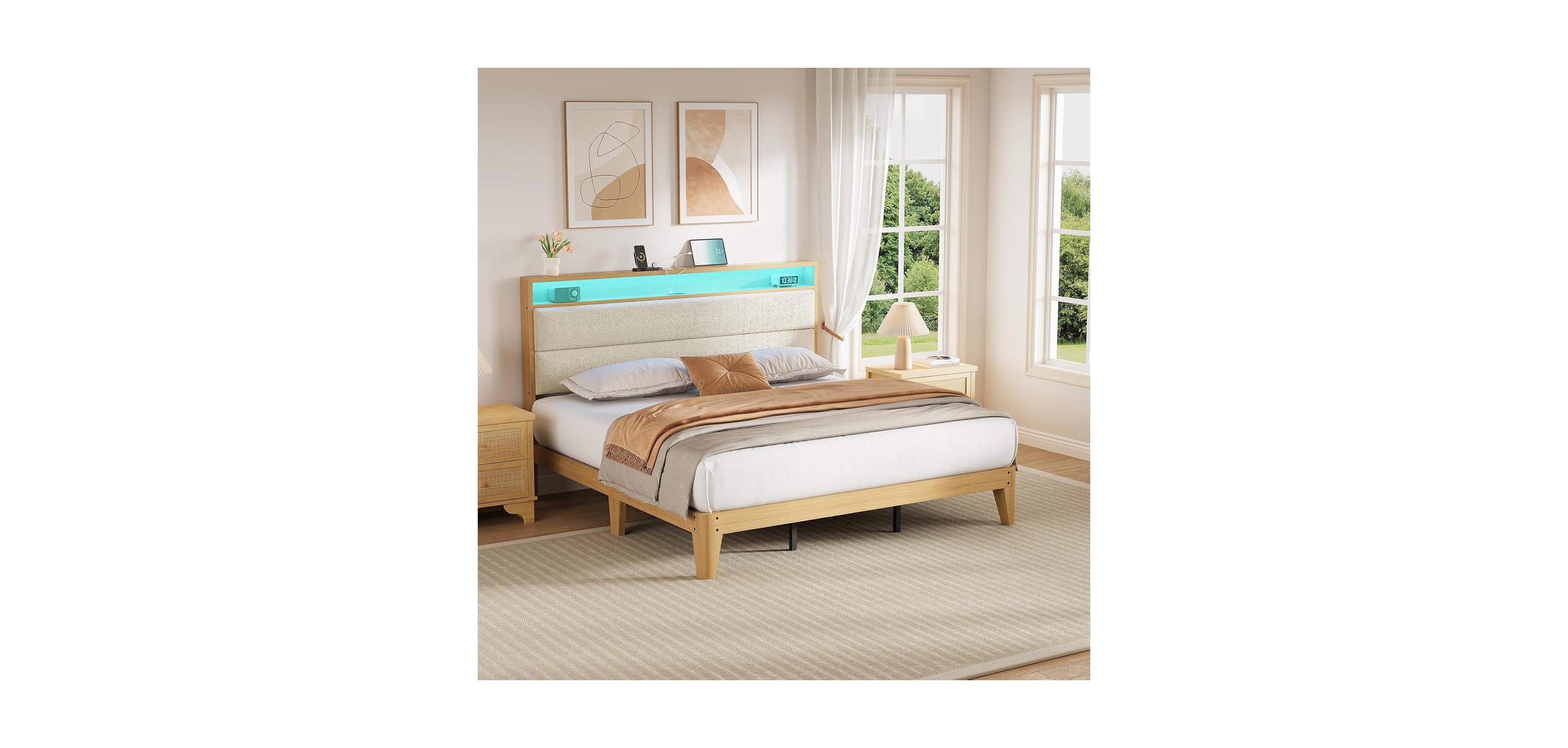 gaomon King Boucle Bed Frame, Frame with Rgb Led Light & Charging Station