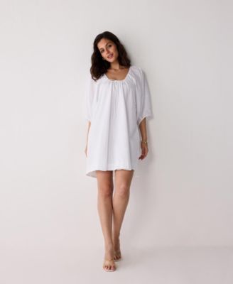 Women's Puff Sleeved Dress with Drawstring Neckline