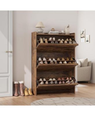 Shoe Cabinet with 3 Flip Drawers Narrow Cabinet with Adjustable and Removable Shelves Modern Wooden Shoe Organizer with Hidden Handle