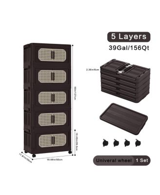 Retro Folding Storage Cabinet, 5 Tiers, Collapsible with Wheels