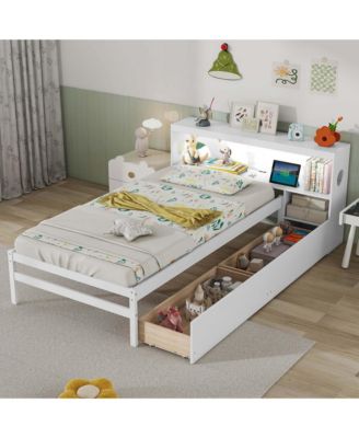 Twin Size Bed Frame with LED Light & Power Outlet Bookcase Headboard Drawers