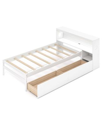 Twin Size Bed Frame with LED Light & Power Outlet Bookcase Headboard Drawers