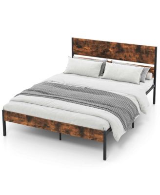 Queen Size Bed Frame with Wooden Headboard Under-Bed Storage No Box Spring Needed