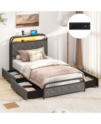 Twin Size Bed Frame with LED Lights & Charging Station Storage Headboard & Drawers