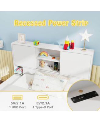 Twin Size Bed Frame with Trundle & Power Outlet Bookcase Headboard Sliding Doors