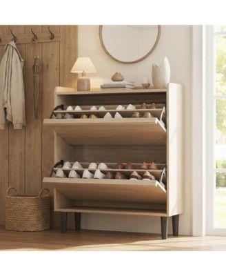 Shoe Cabinet with 2 Flip Drawers Narrow Cabinet with Adjustable and Removable Shelves Modern Wooden Shoe Organizer with Hidden Handle