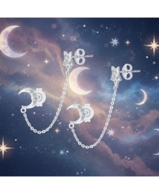 Celestial Moon & Star Pierced Cartilage & Ear Lobe Stud Earrings Sterling Silver