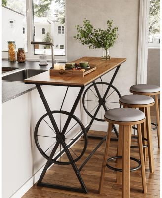 63" Bar Table, Long Counter Height Table, Modern Kitchen Bar Height Table with Footrest & Wheel-Shaped Legs